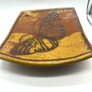 Vintage Butterfly signed Studio Pottery‎ Gold Burnt orange footed dish signed